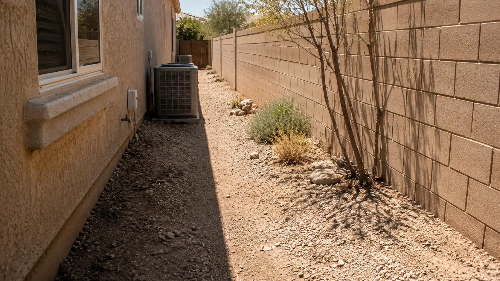 Narrow hot side yard with loose gravel, harsh reflected light, sparse planting, and an awkward dog-route area.