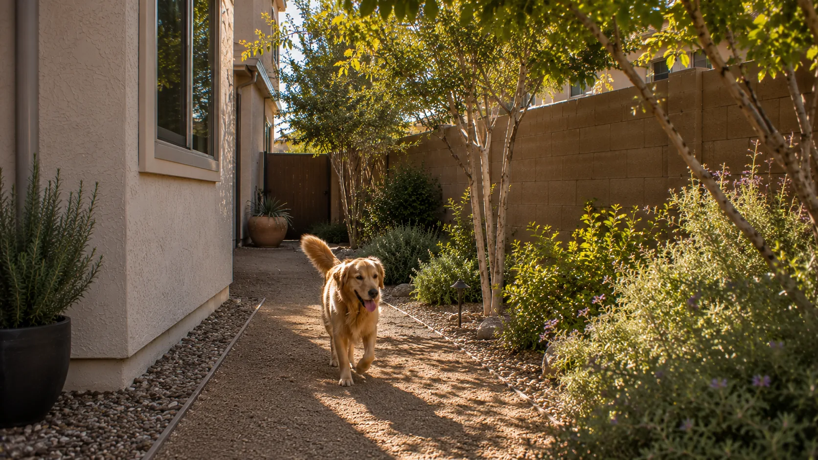 Low-water side-yard dog run with a clean route, dry-climate planting, partial shade, and a dog using the space comfortably.