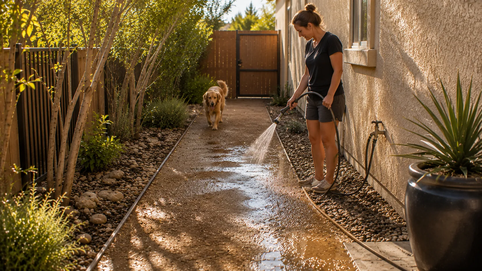 Homeowner gently rinsing a side-yard dog run with drainage-aware surface edges and practical maintenance access.