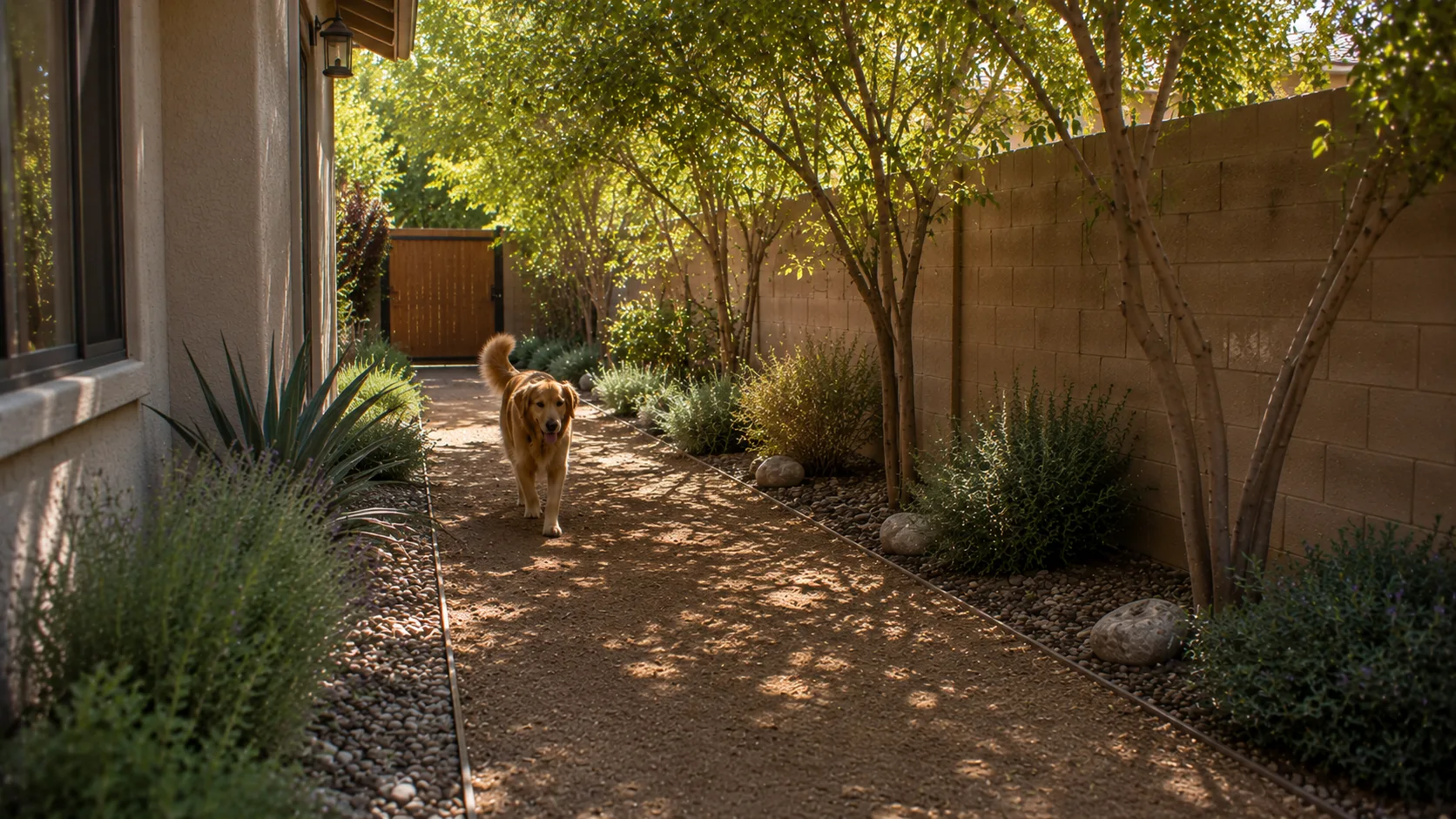 Low-water side-yard dog run with filtered shade, airflow, dry-climate planting, and a comfortable dog route.