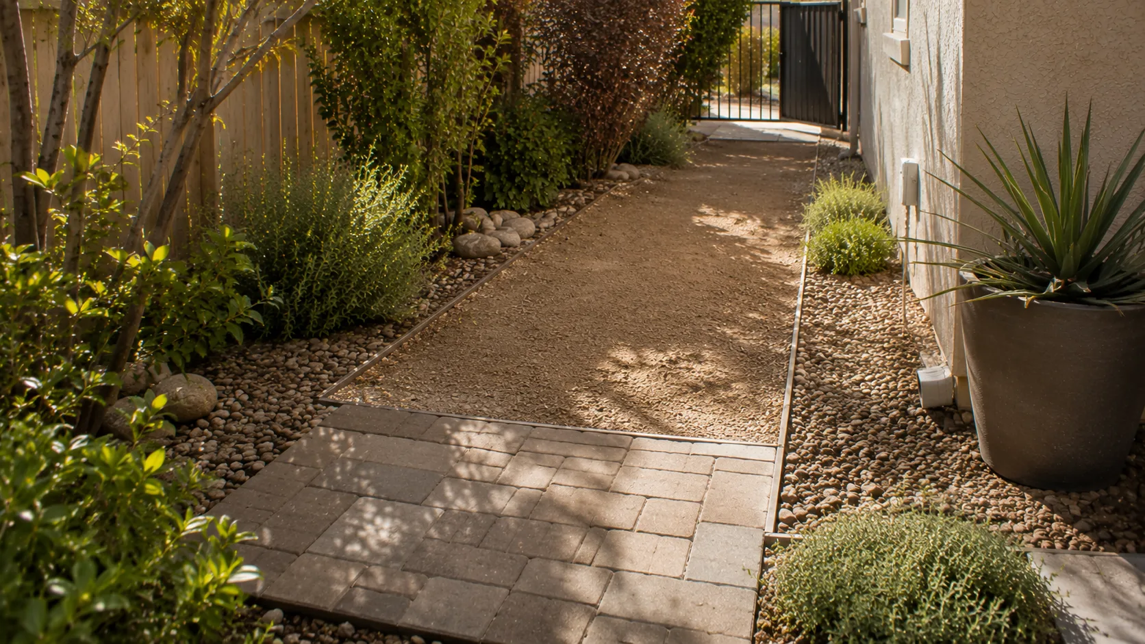 Side-yard dog-run material transition with a cleanable dog-use zone, gravel path, small hardscape landing, low edging, and dry-climate planting.