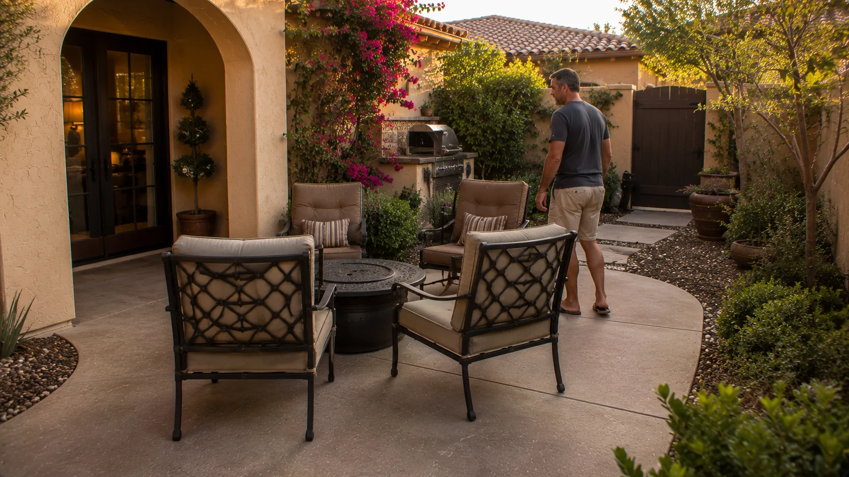 Small backyard patio furniture placed to test walking routes between the house, seating, and side-yard path.