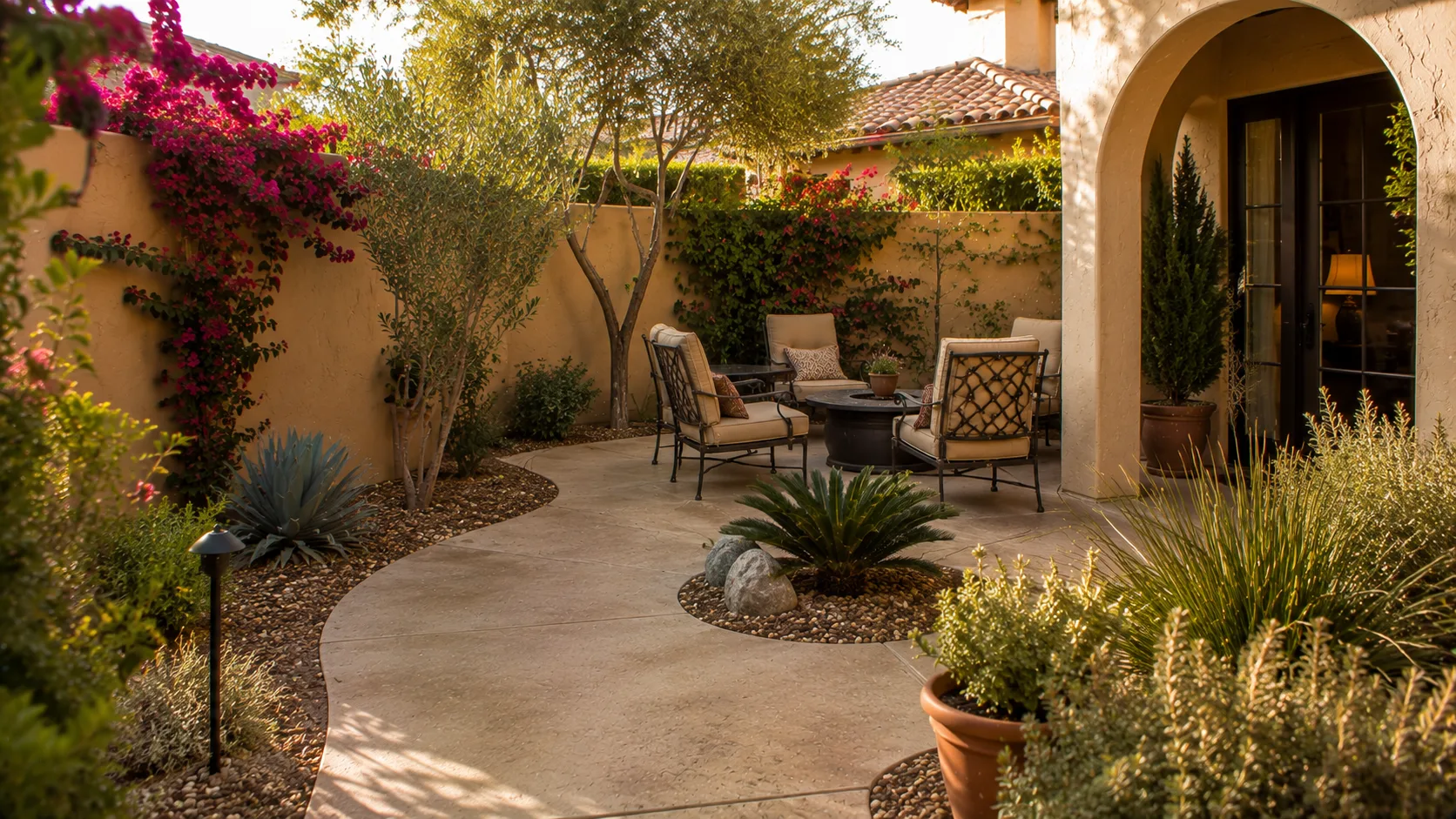 Small Arizona backyard hardscape with seating, concrete or paver surfaces, gravel edges, planting, and a clear path connection.