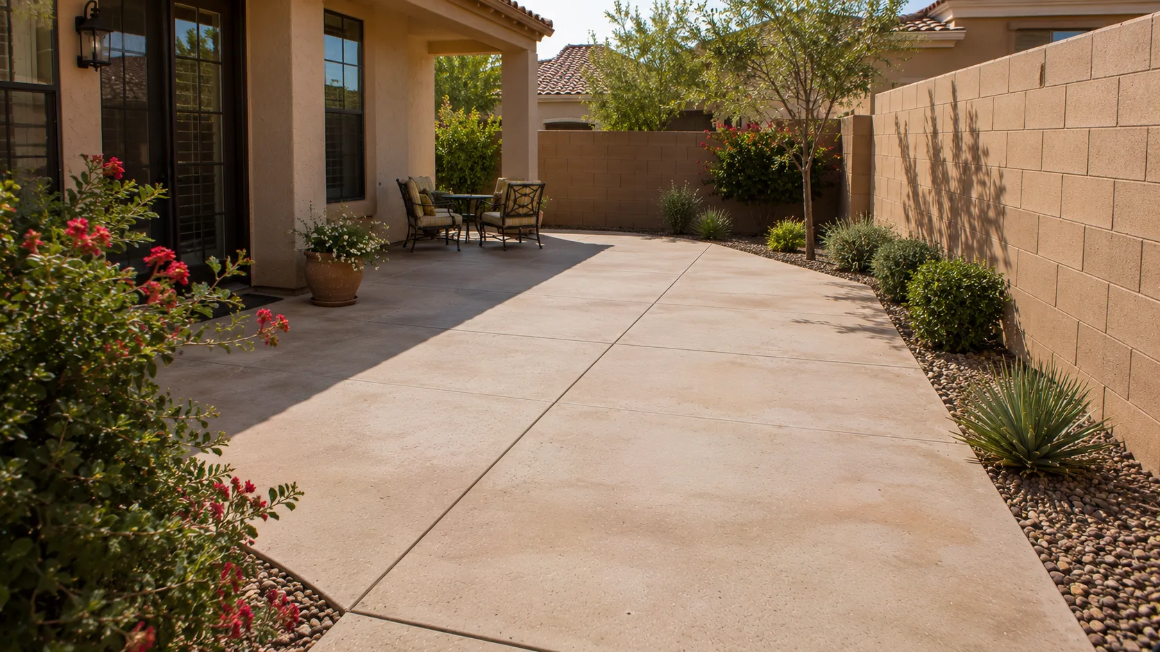 Small Arizona backyard where an overpaved patio leaves planting crowded into narrow edges.