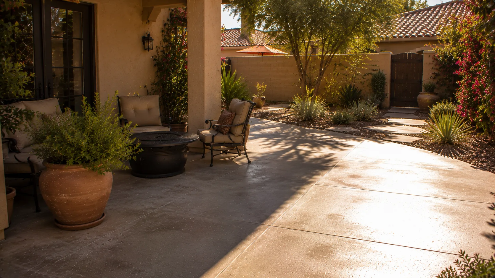 Small Arizona backyard hardscape with warm stucco, gravel, planting, and partial shade that leaves part of the seating route exposed.