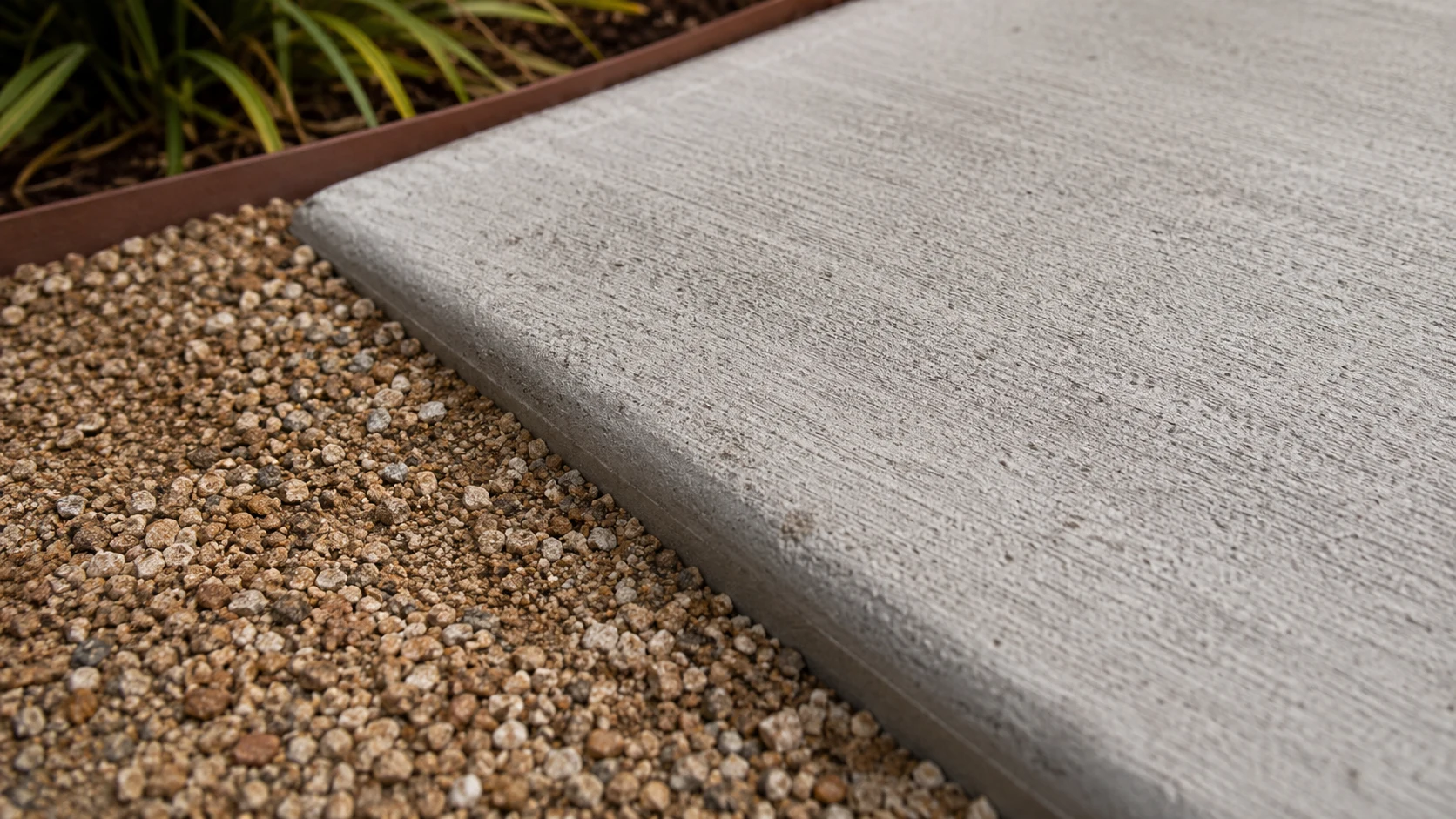 Broom-finished concrete pad edge meeting gravel with clean texture and transition.
