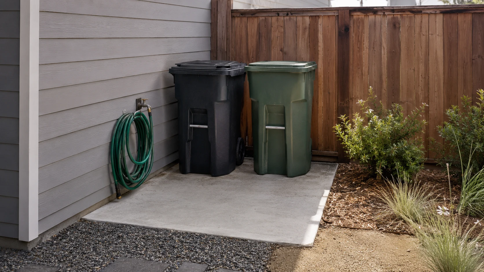 Small concrete utility pad with unbranded bins and clear side-yard access.