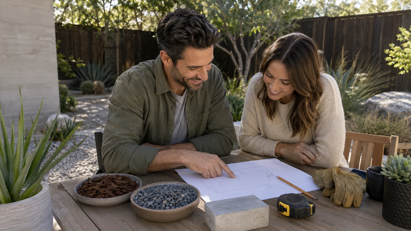Outdoor planning table with a blank yard sketch and generic tools for a small concrete utility pad.