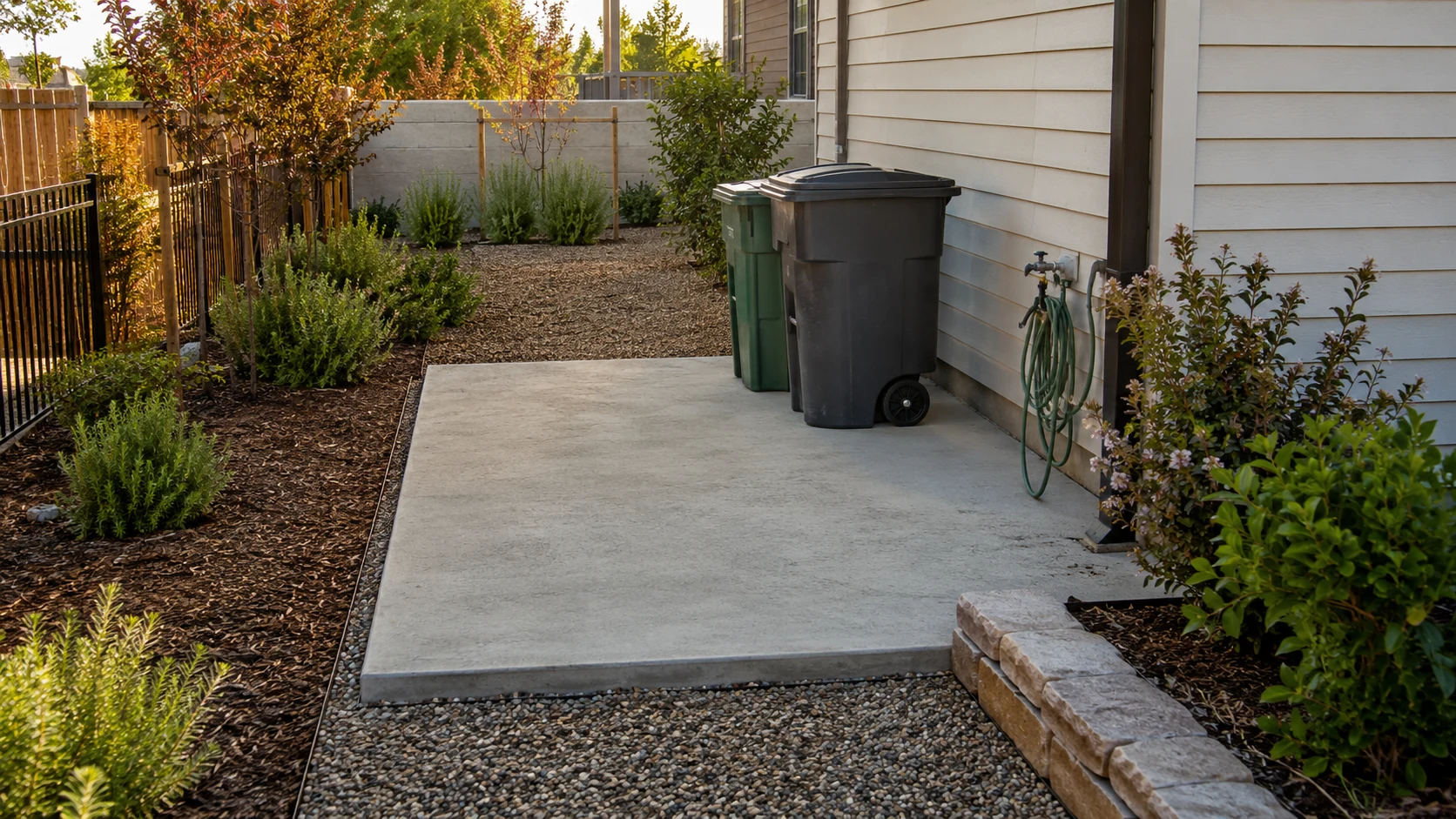Small finished concrete utility pad in a side yard with gravel, planting, and service access.
