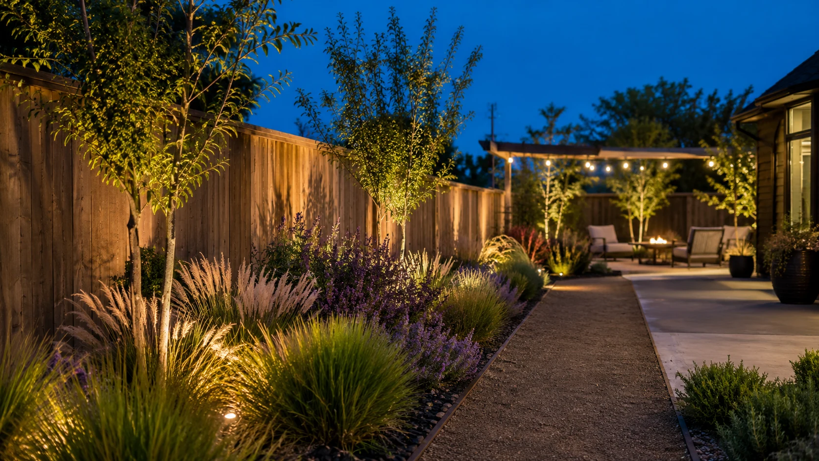 Waterwise fence-line planting bed softening a patio edge at blue hour with warm lighting.