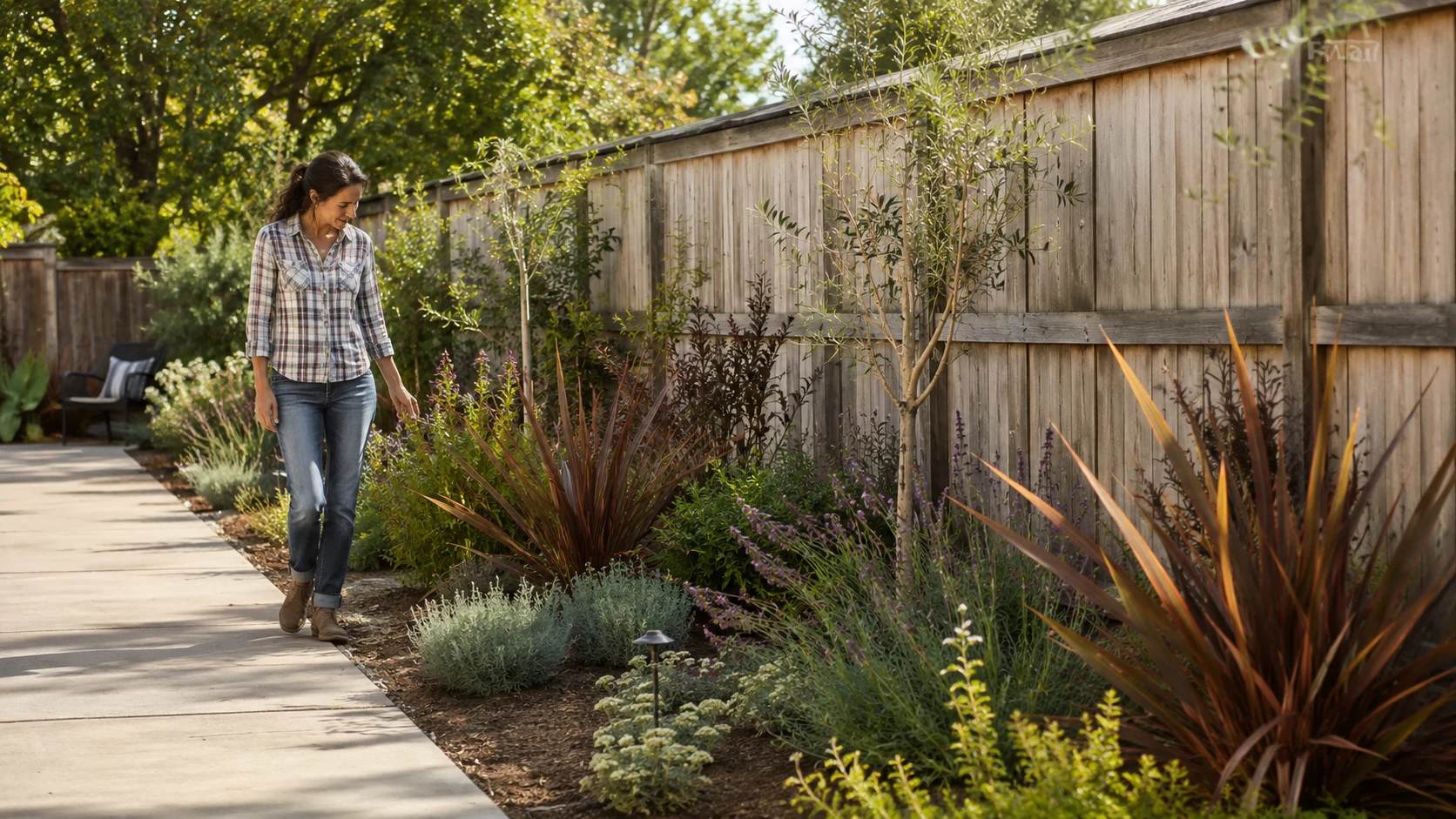 Homeowner walking along a path beside a softened waterwise fence-line planting bed.