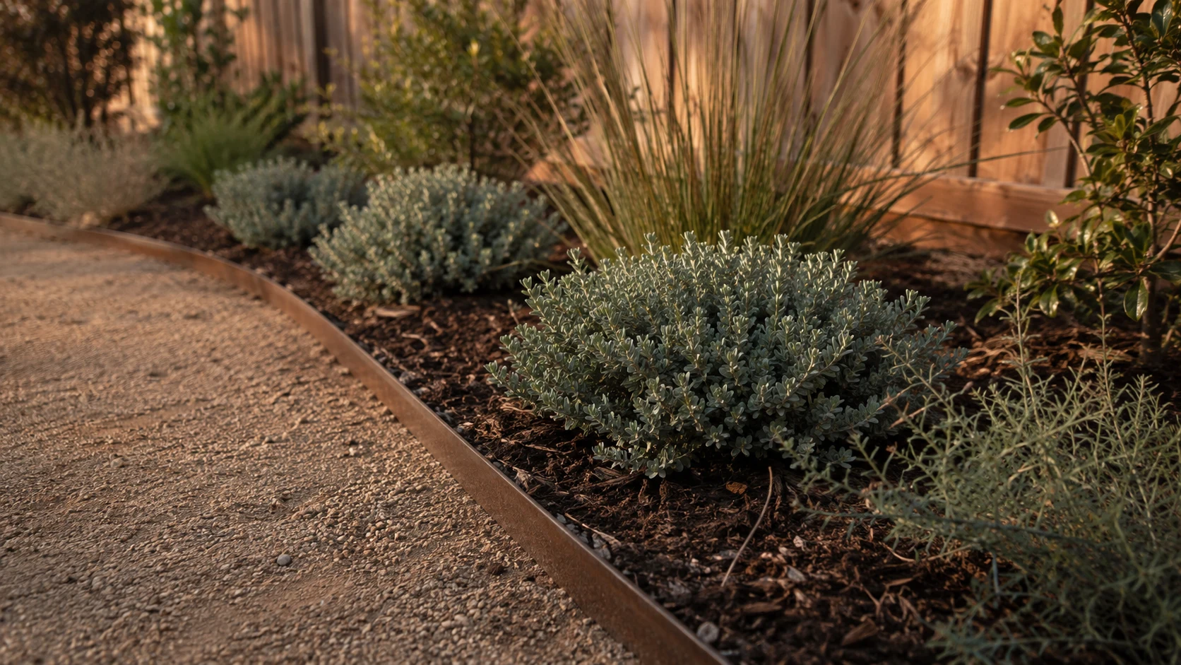 Repeated low-water plants along a fence with mulch, gravel, edging, and mature-spacing room.