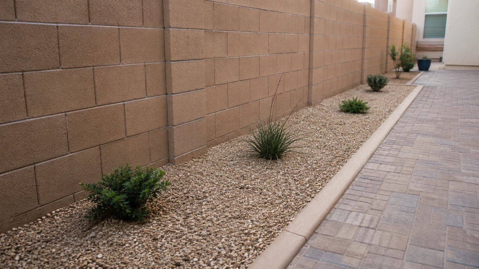 Sparse fence-line planting bed with too much exposed gravel and small isolated plants.