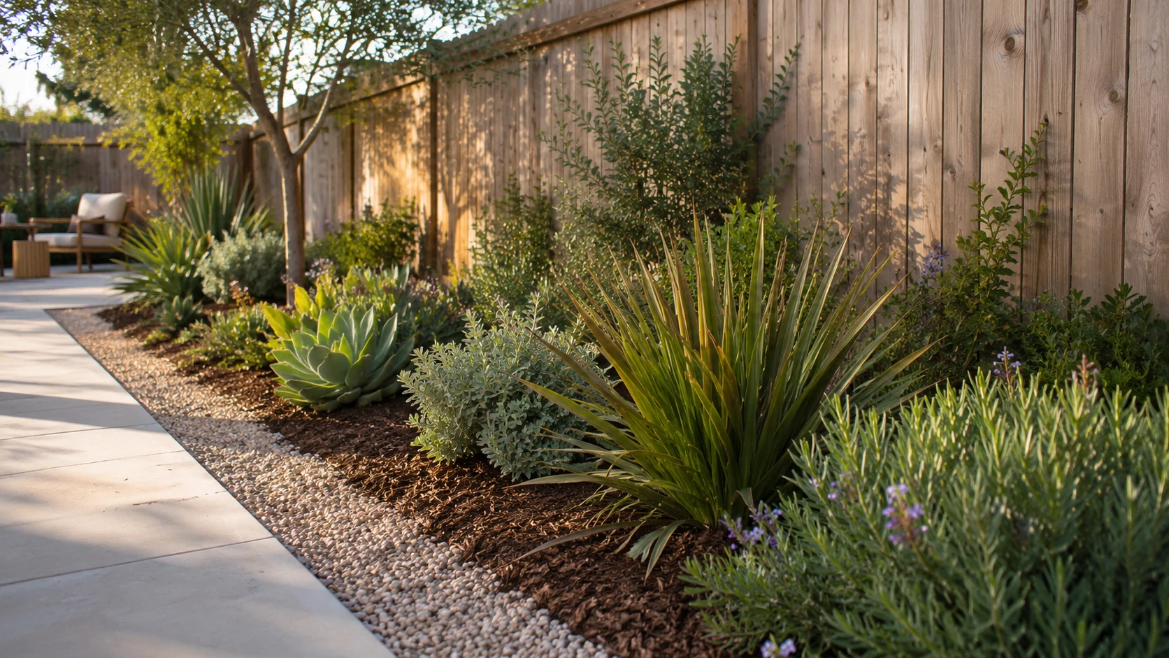 Layered waterwise planting bed along a warm fence line with mulch, gravel, repeated plants, and a clear path.
