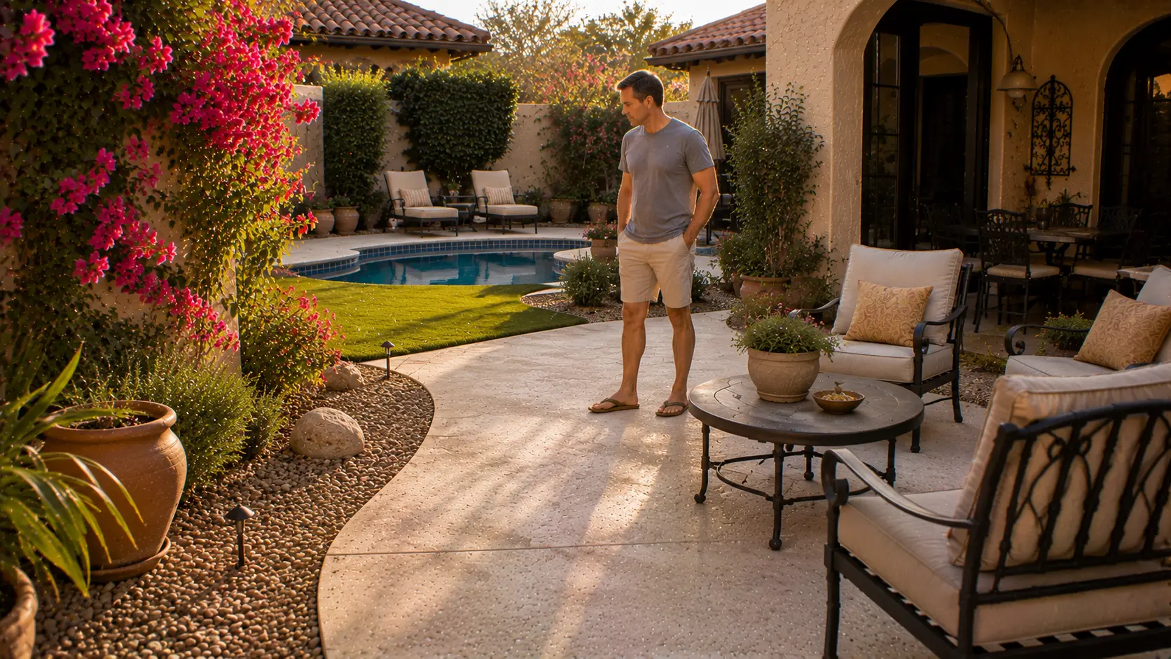 Resident checking pool-adjacent access, patio furniture, planting edges, and a dog-use zone during a weekend yard reset.