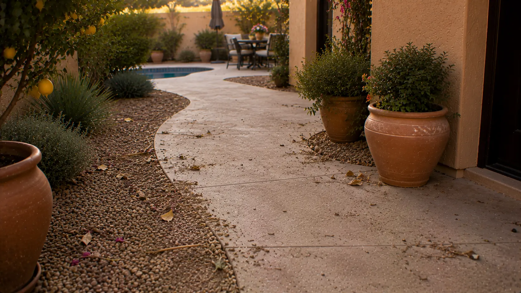 Arizona backyard patio path before a weekend reset with dry debris, leaves, and gravel migration near concrete.