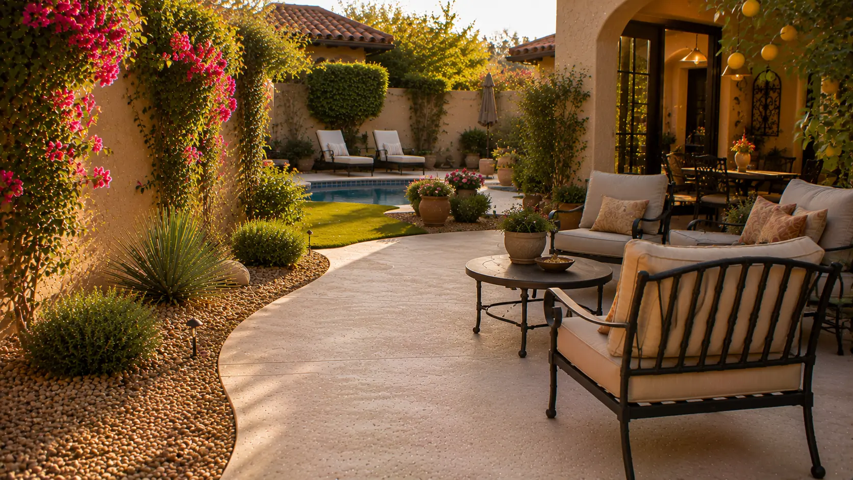 Freshly reset Arizona backyard patio with warm stucco, gravel, waterwise planting, and outdoor seating.