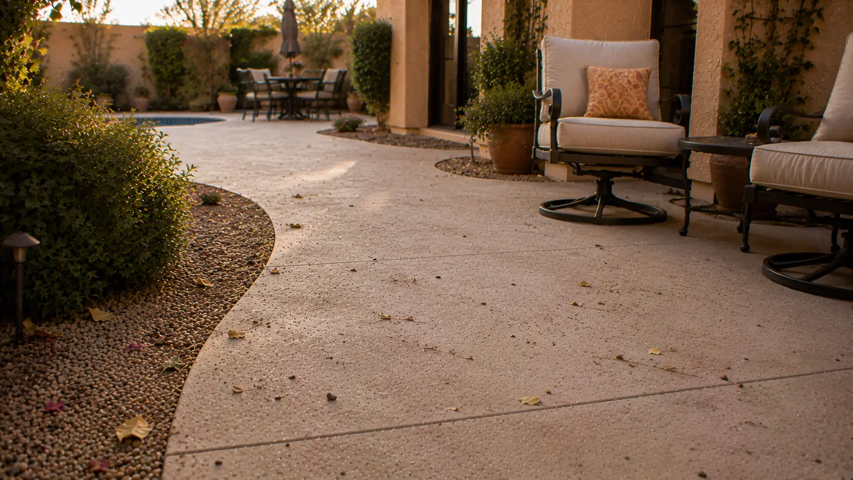 Homeowner sweeping dry debris from an Arizona backyard patio path during a weekend yard reset.