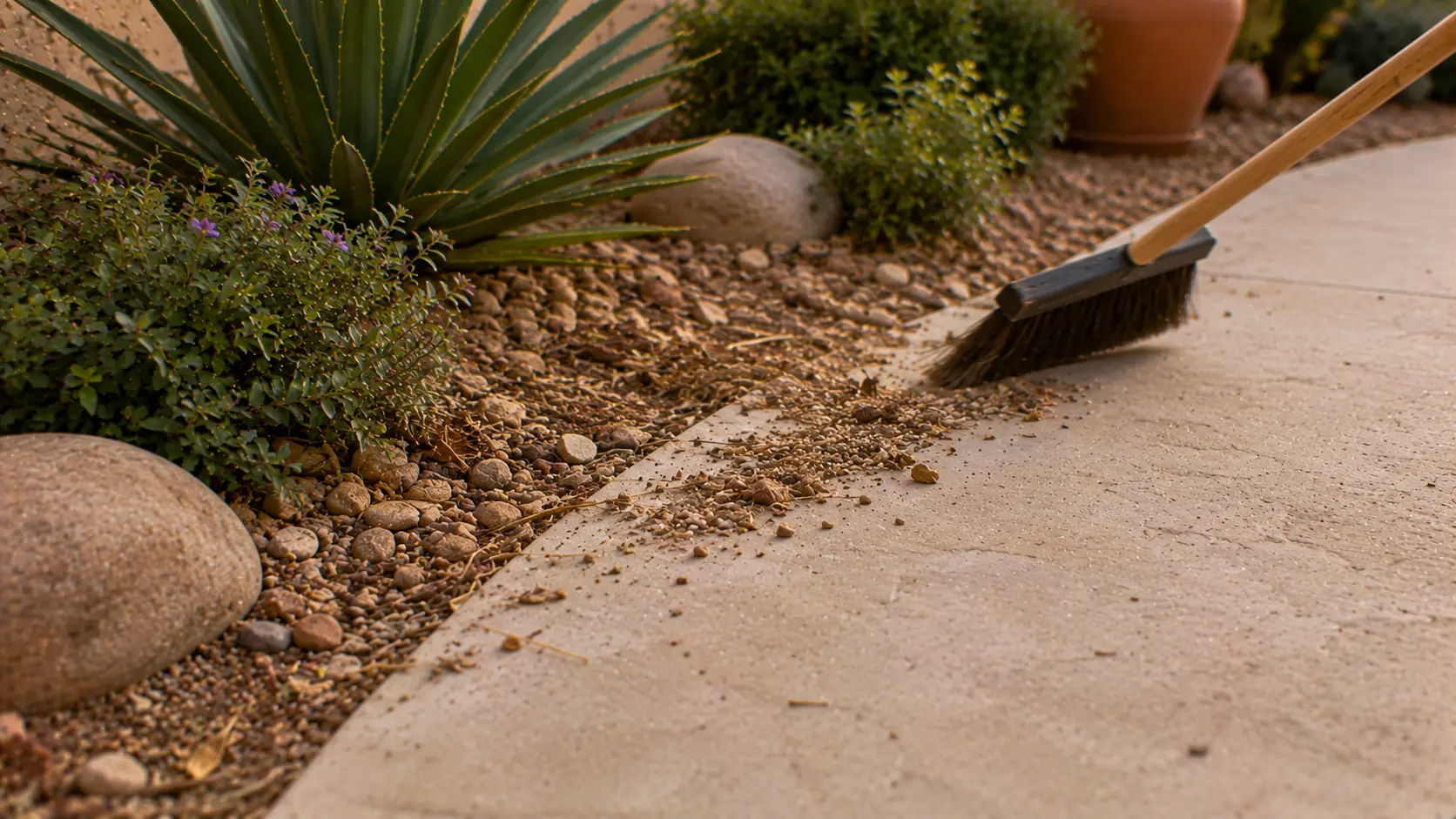 Close-up of concrete paving meeting gravel and planting material during an Arizona backyard edge reset.