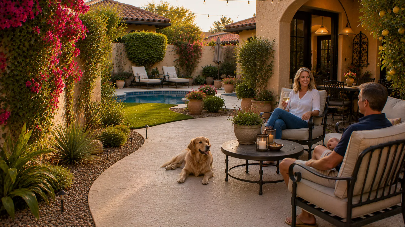Residents and a dog enjoying a freshly reset Arizona backyard patio with waterwise planting and warm evening light.
