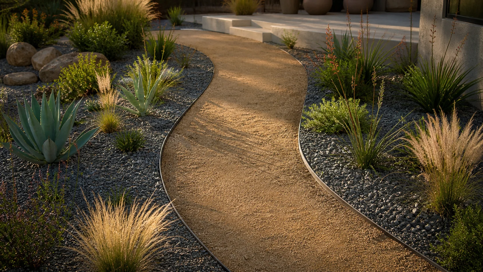 Decomposed granite path with clean edging and grouped planting.