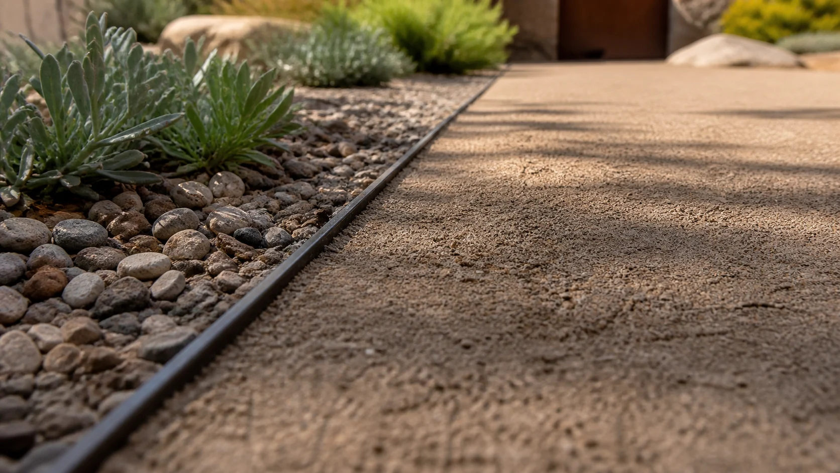 Decomposed granite texture beside edging and low-water plants.