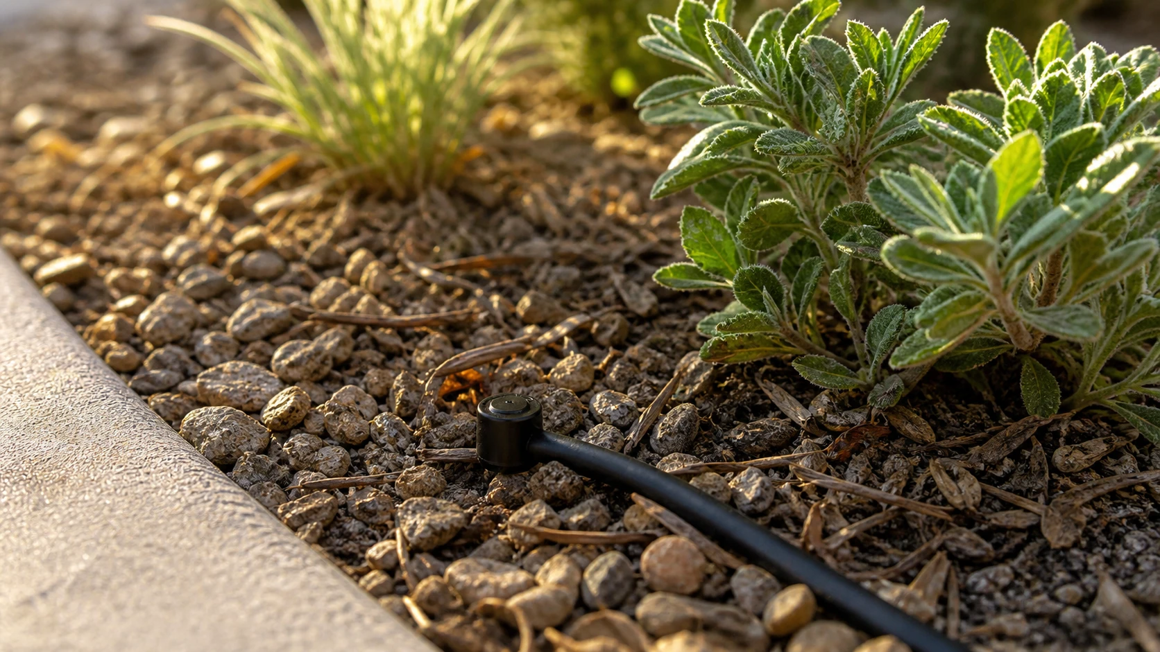Drip irrigation detail in a xeriscape planting bed.