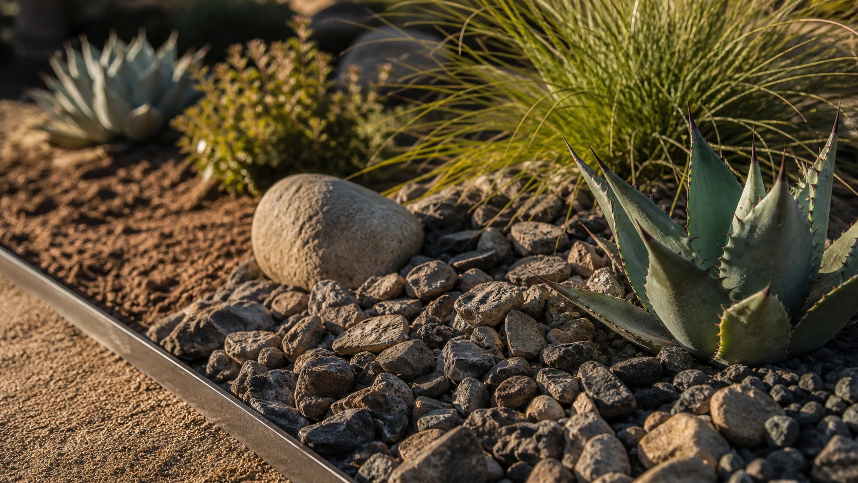 Mulch, gravel, and low-water plants adding texture to a xeriscape design.