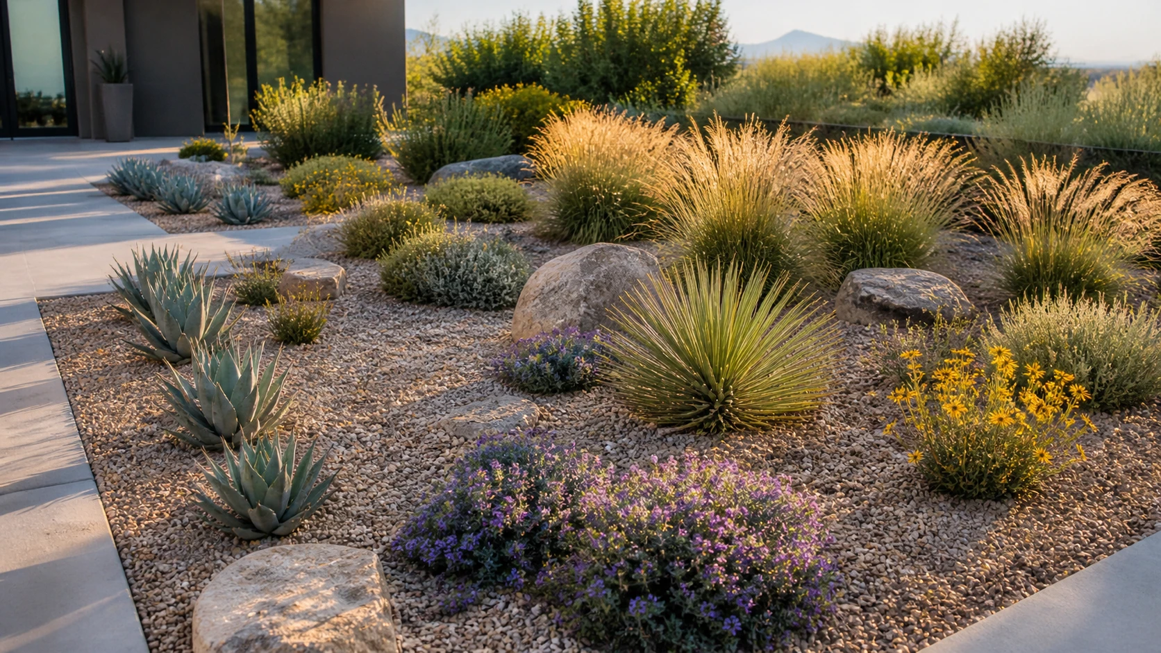 Xeriscape planting bed with grouped low-water plants and varied texture.