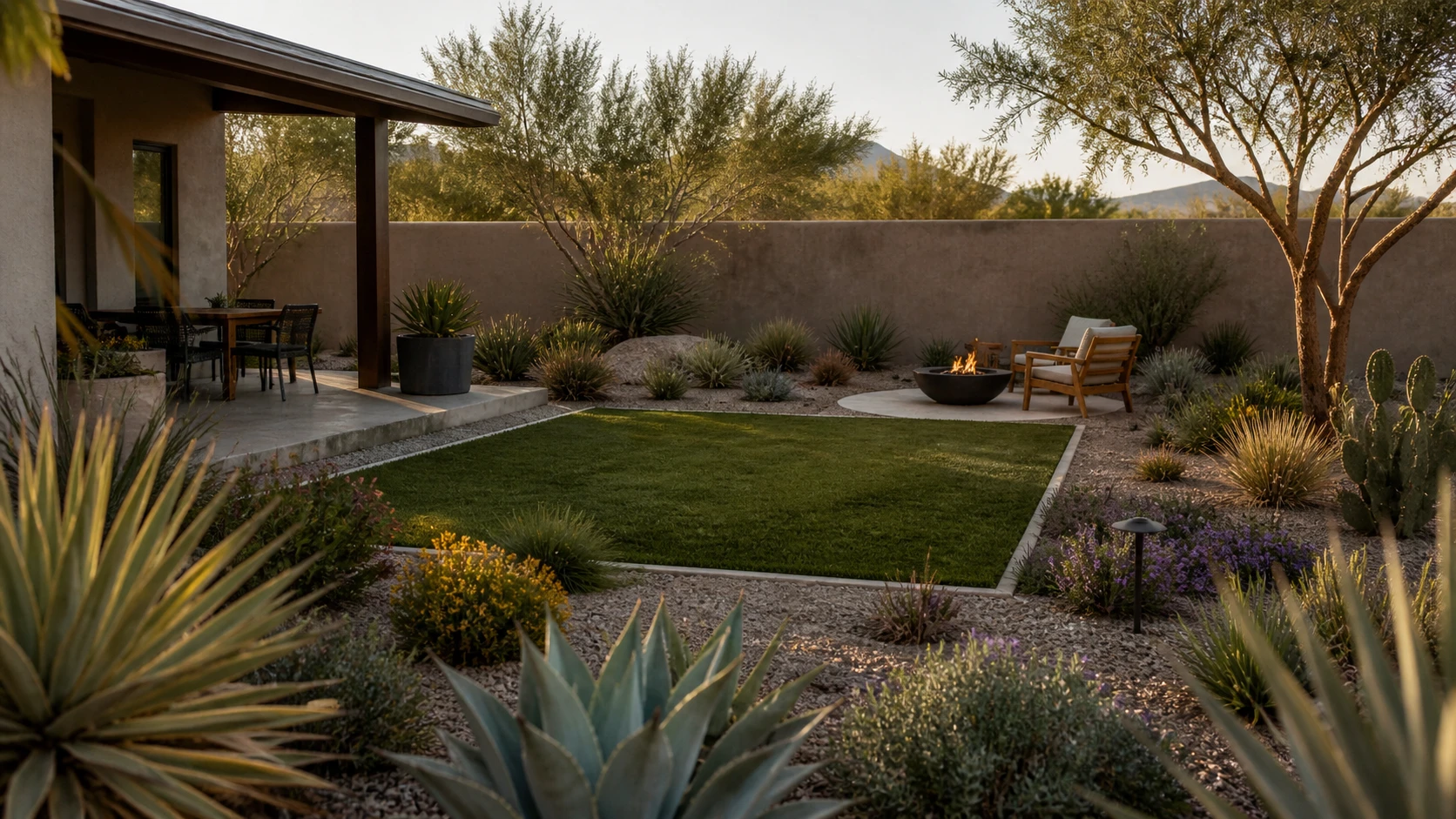 Small purposeful lawn or seating area integrated into a waterwise backyard.