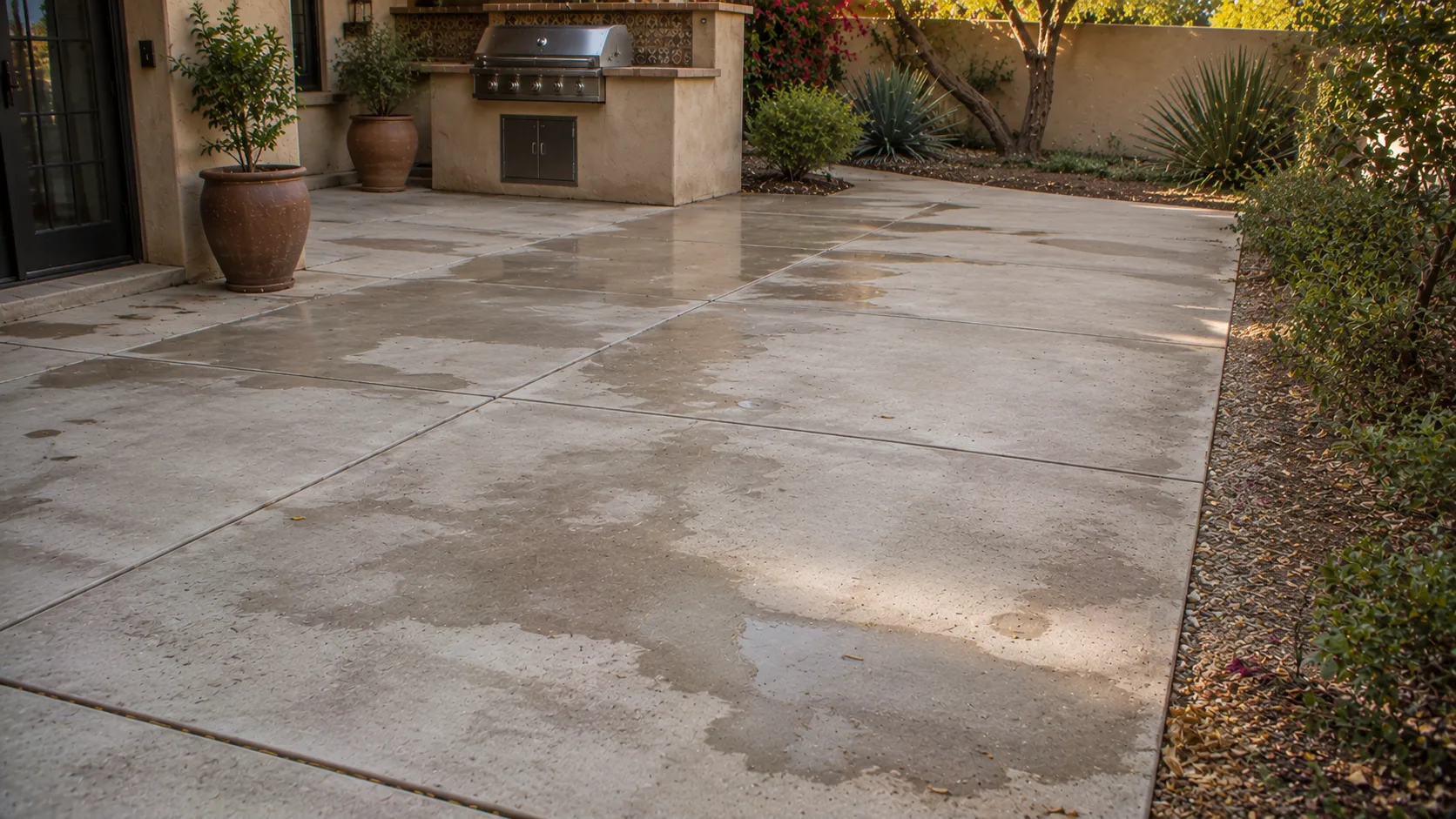 Outdoor concrete patio that looks almost ready but shows damp patches and debris that suggest waiting before sealing.