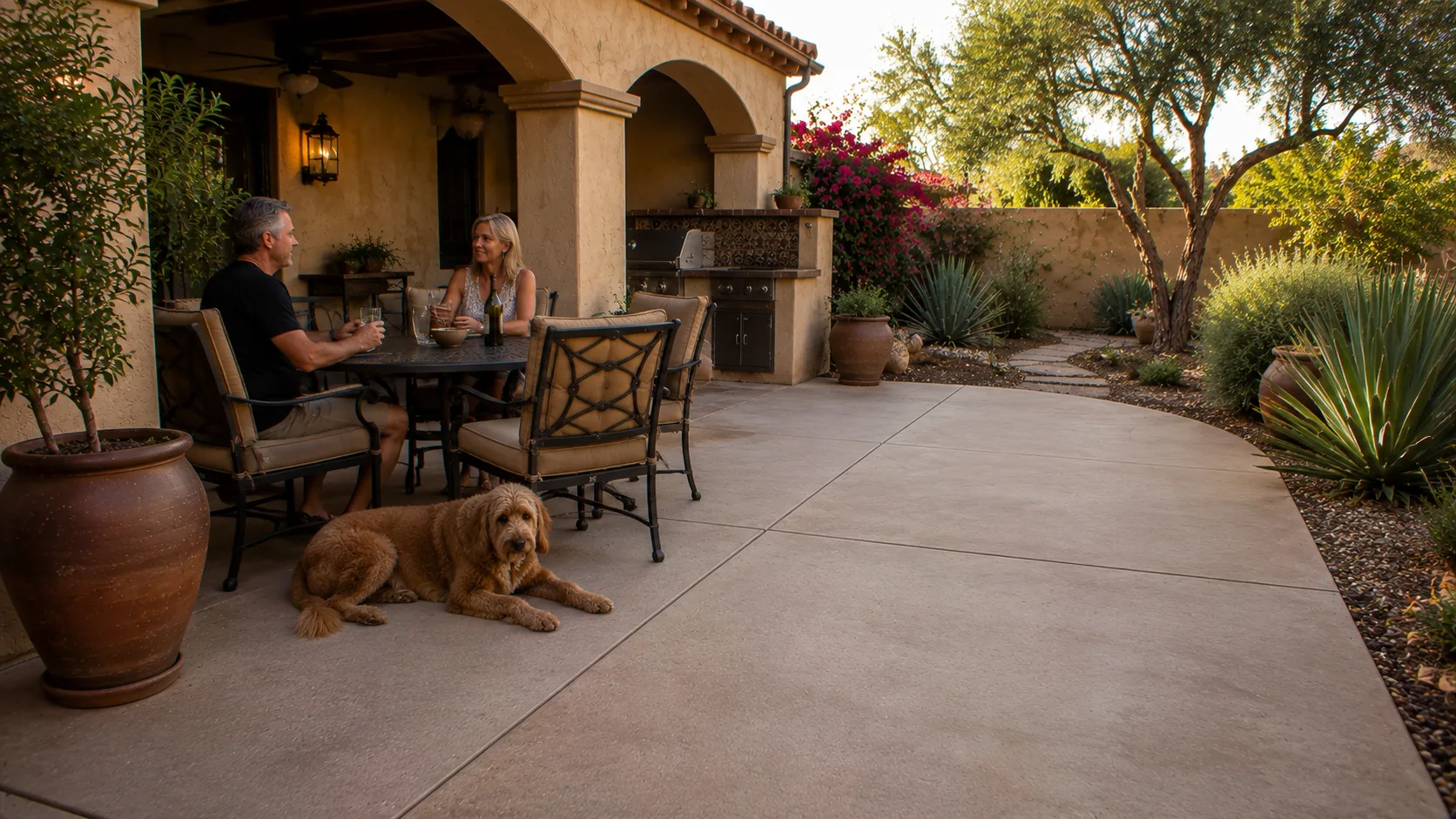 Residents enjoying a clean, well-maintained Arizona concrete patio in warm evening light.