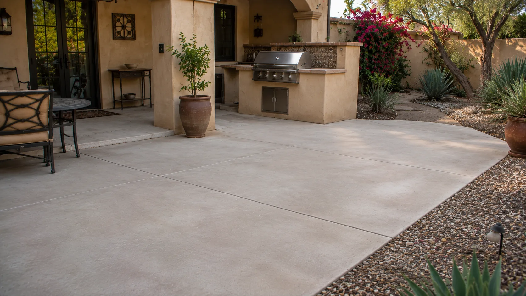 Arizona outdoor concrete courtyard with clean paving, shade, and furniture before any sealing decision.