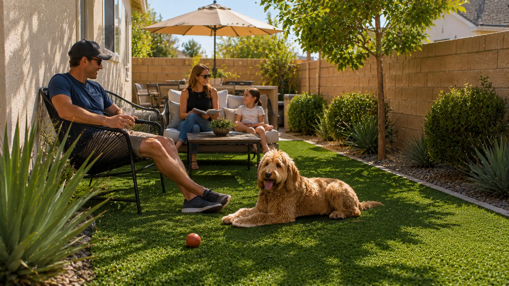 Residents and a dog enjoying a clean artificial turf yard in comfortable summer shade.
