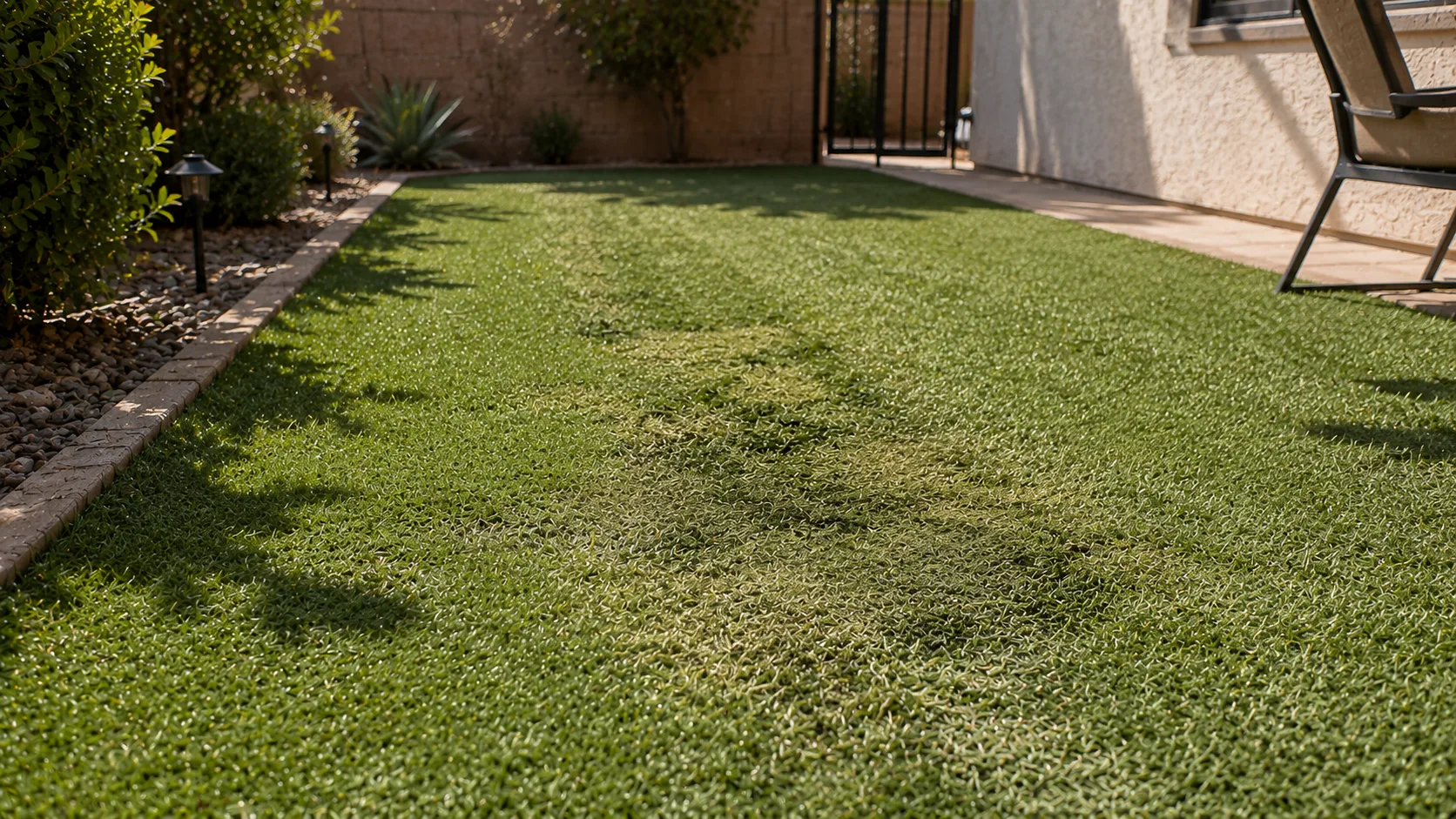 Slightly matted artificial turf dog-use zone near a patio edge on a hot day.