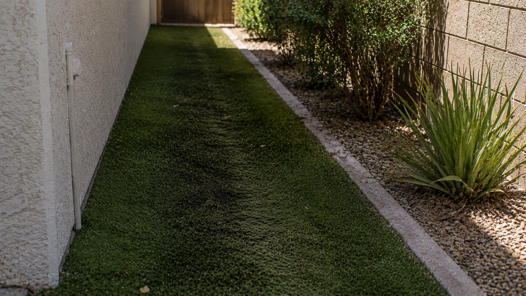 Shaded artificial turf strip along a wall with dry-climate planting and mild traffic matting.