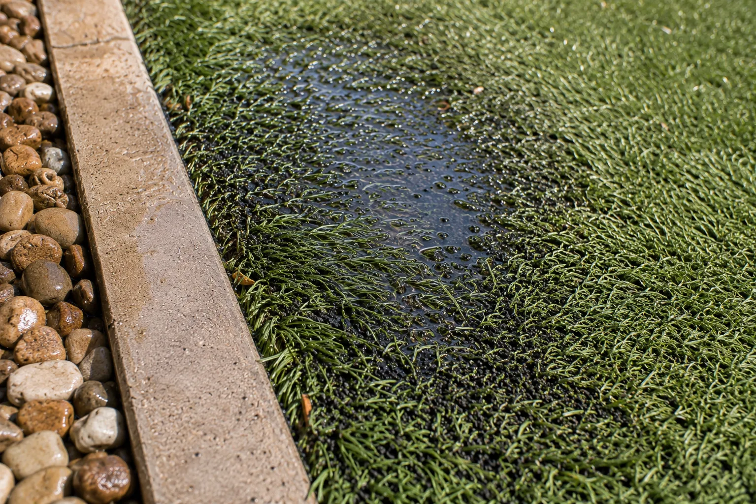 Artificial turf edge with subtle dampness and slow-drainage clues after rinsing.