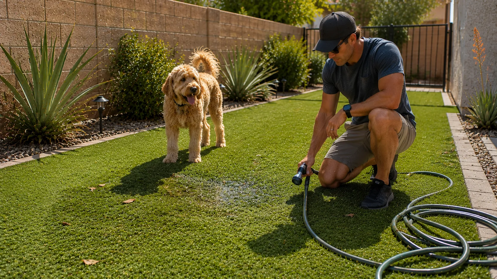 Artificial turf dog-use area in warm summer light with a hose nearby for routine rinsing.