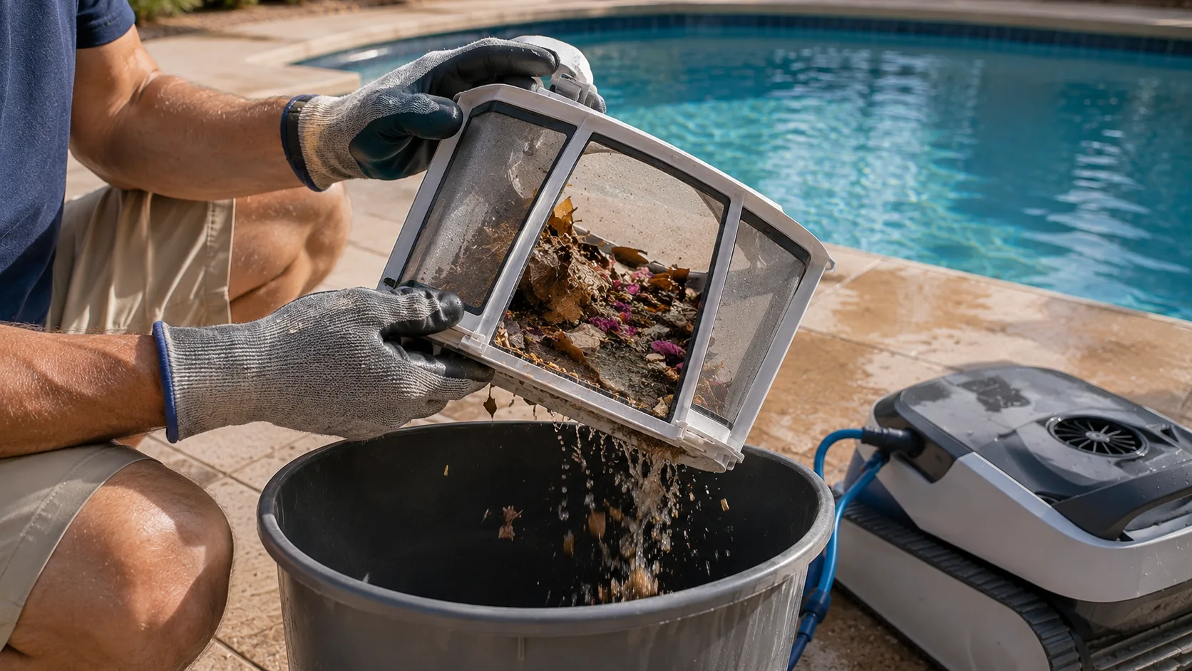 Gloved homeowner checking a generic robotic pool cleaner basket with leaves and fine grit beside the pool.