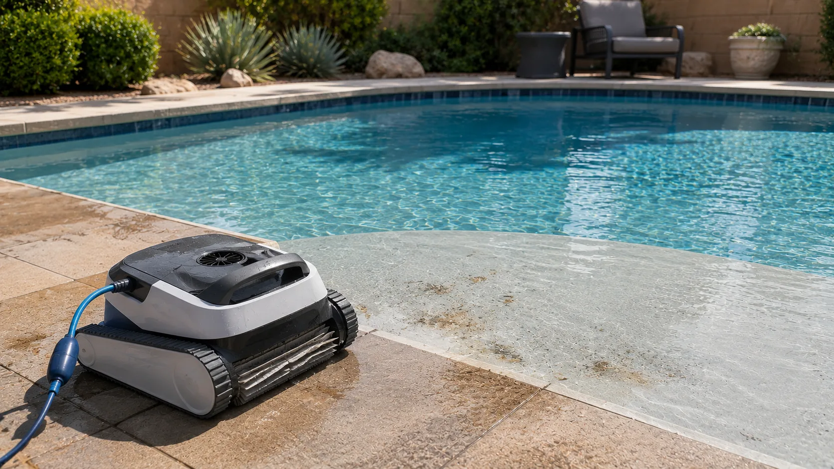 Generic robotic pool cleaner near a shallow ledge with subtle dust left behind after a cleaning cycle.
