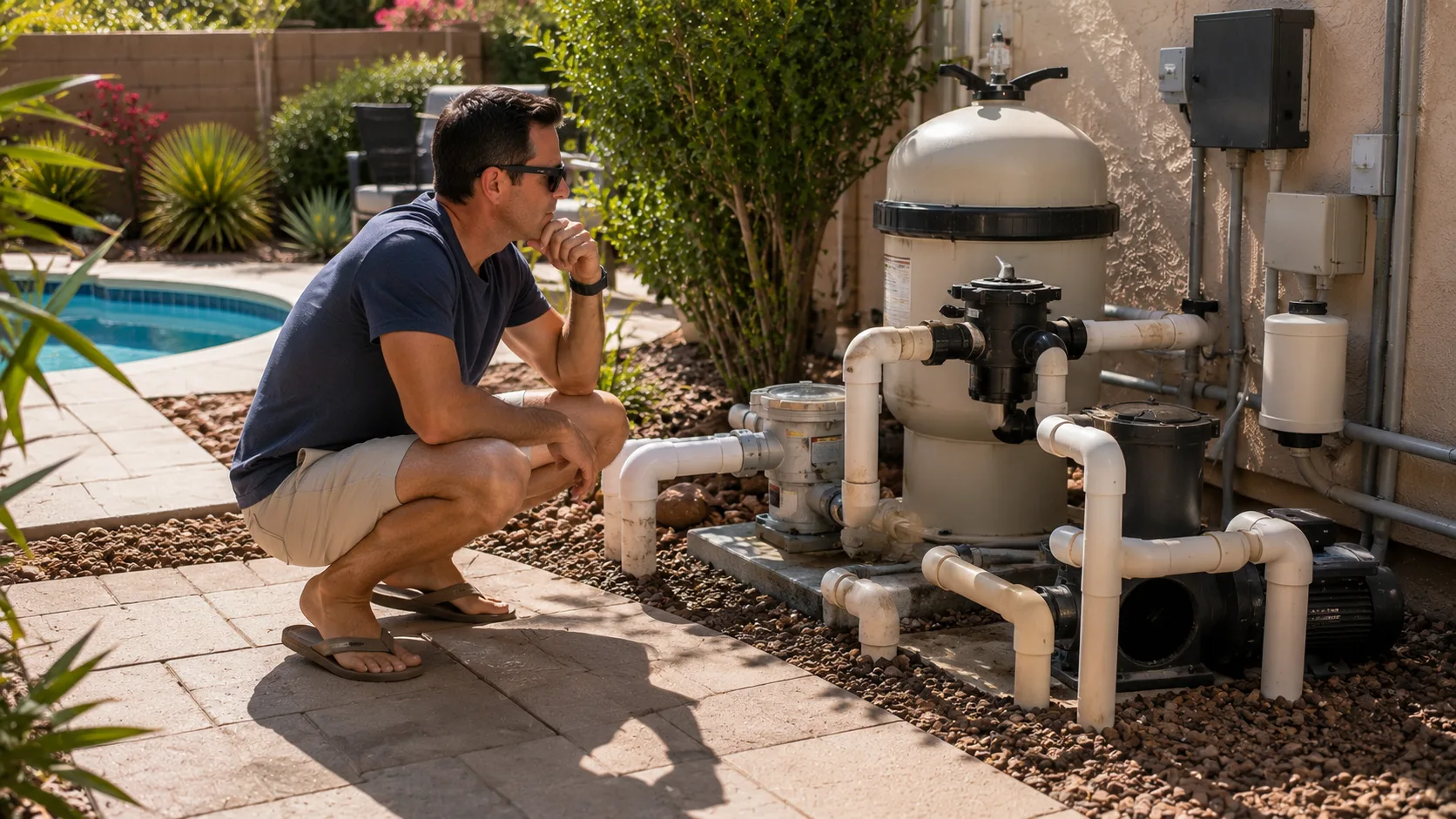 Homeowner observing a tidy unbranded pool equipment area from a safe distance.