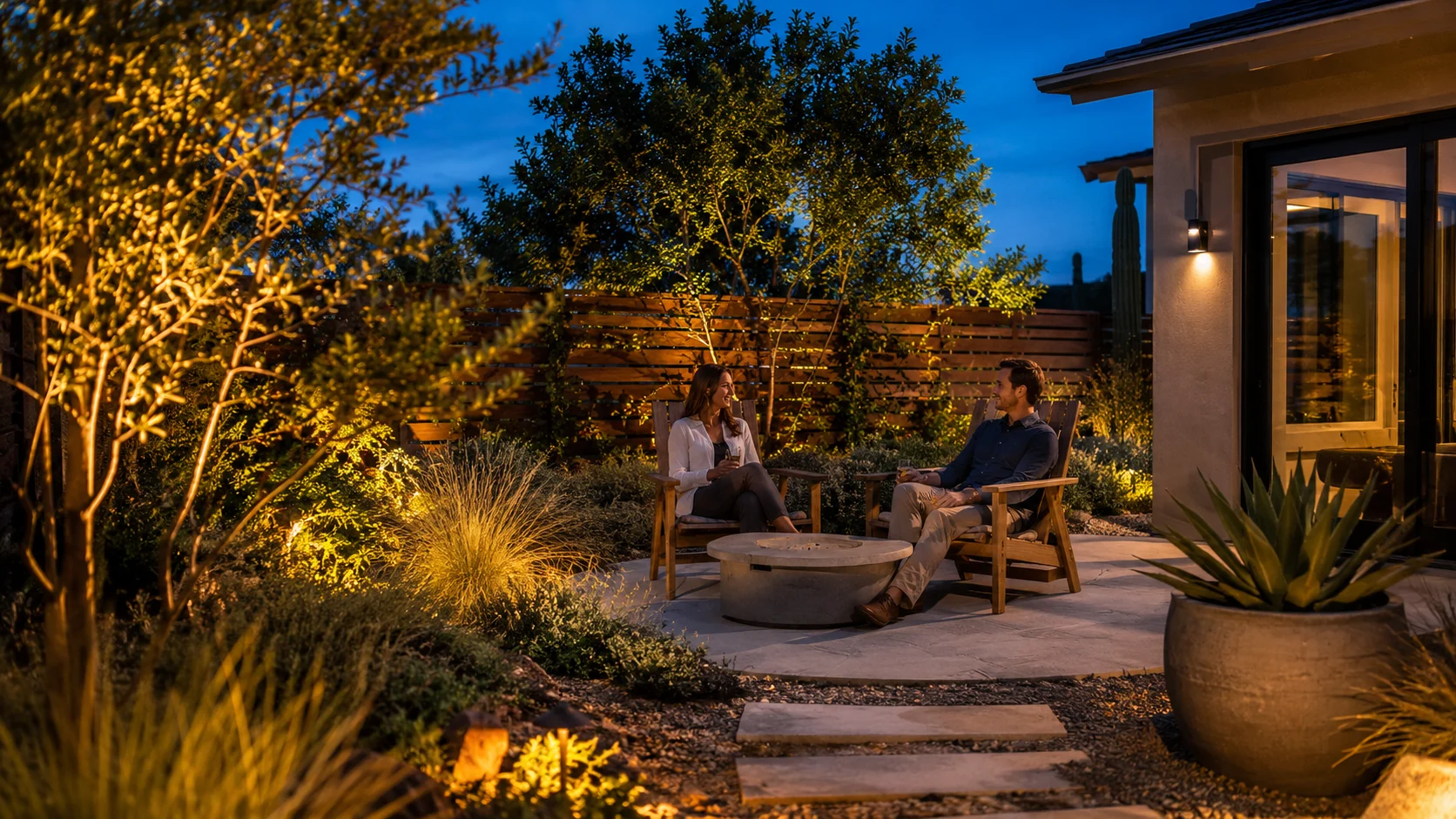 People enjoying a patio framed by layered xeriscape planting and warm evening lighting.