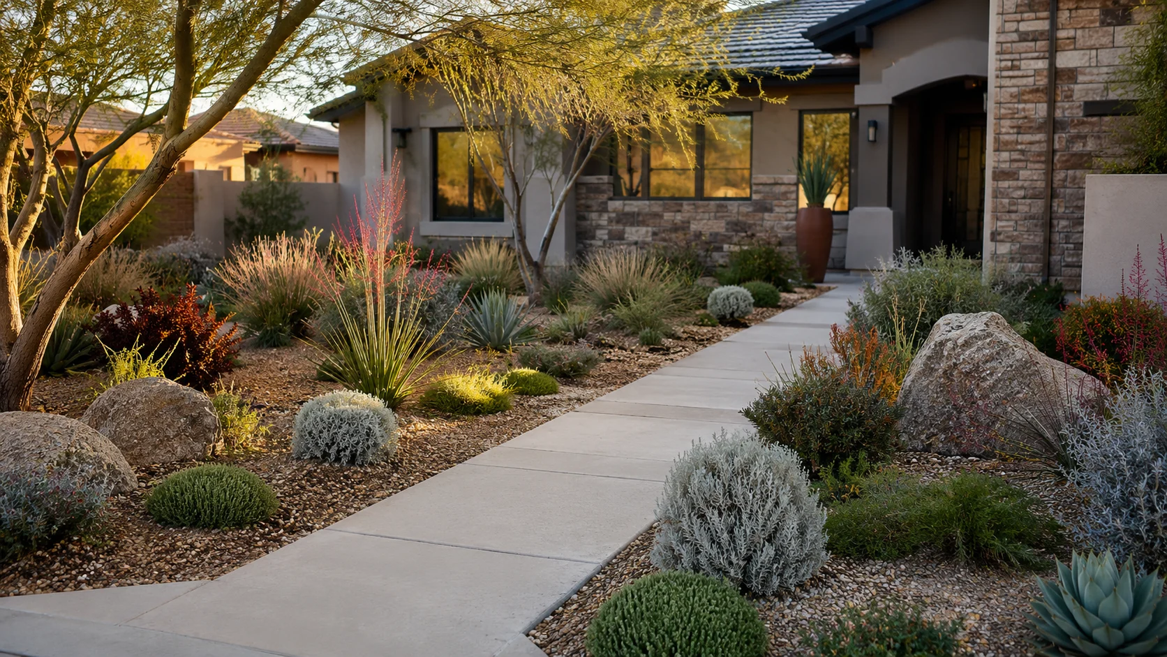 Layered xeriscape yard with repeated low-water plant groups, shade, paths, and a comfortable seating area.