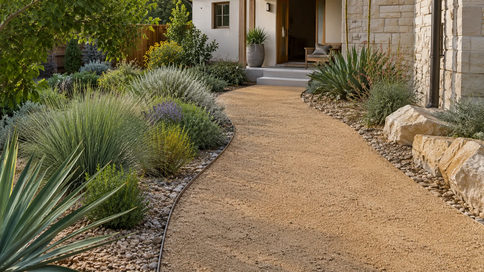 Xeriscape path edge showing gravel, mulch, grouped planting, and a clean transition.