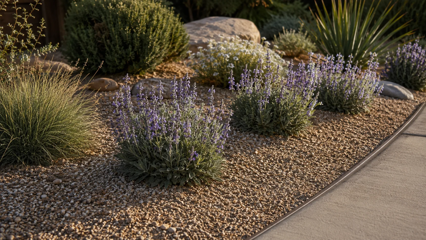 Repeated groups of low-water plants creating rhythm beside a gravel path.