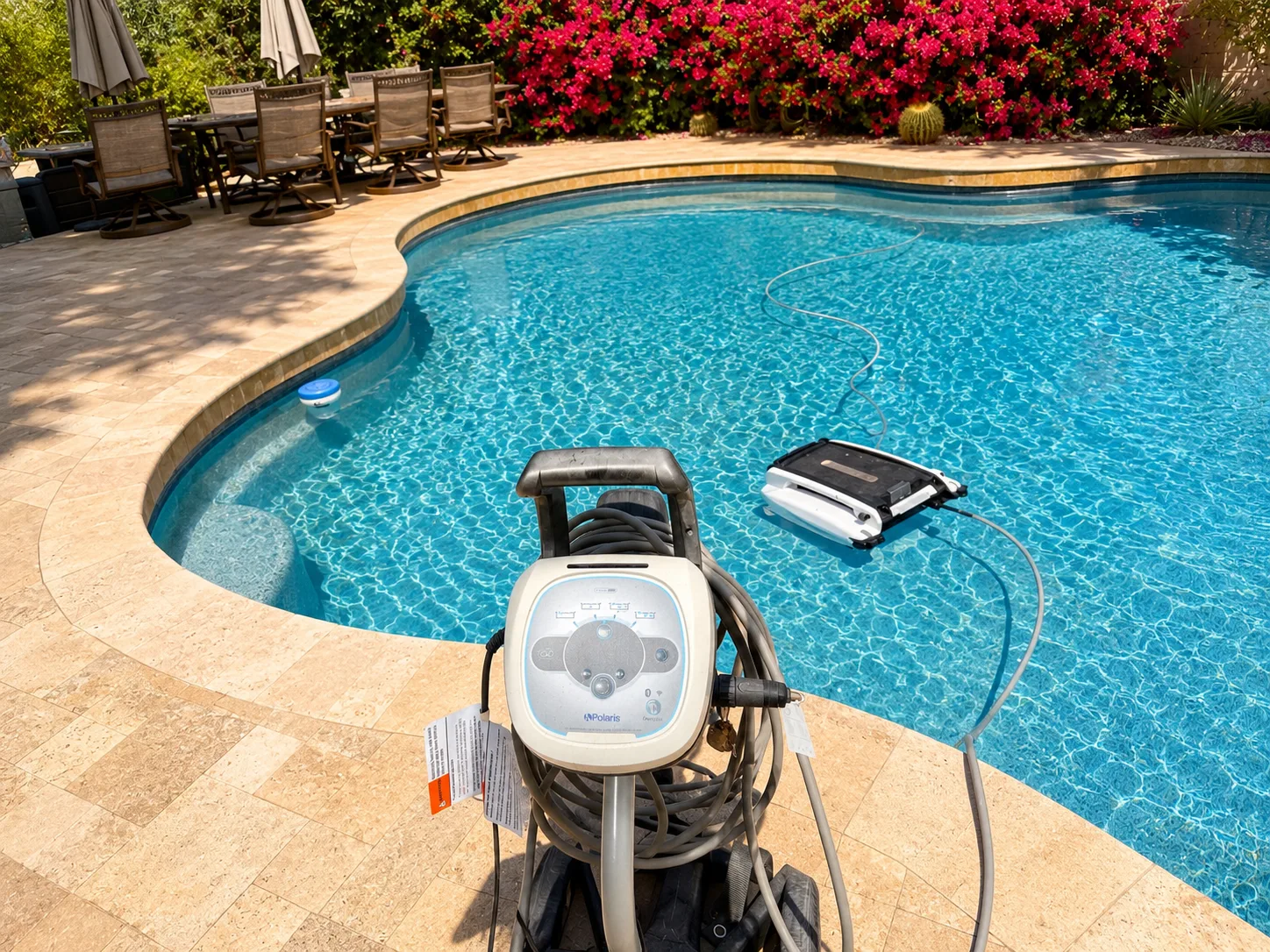 Polaris VRX iQ+ caddy and control unit beside a Scottsdale pool with the robotic cleaner in the water.