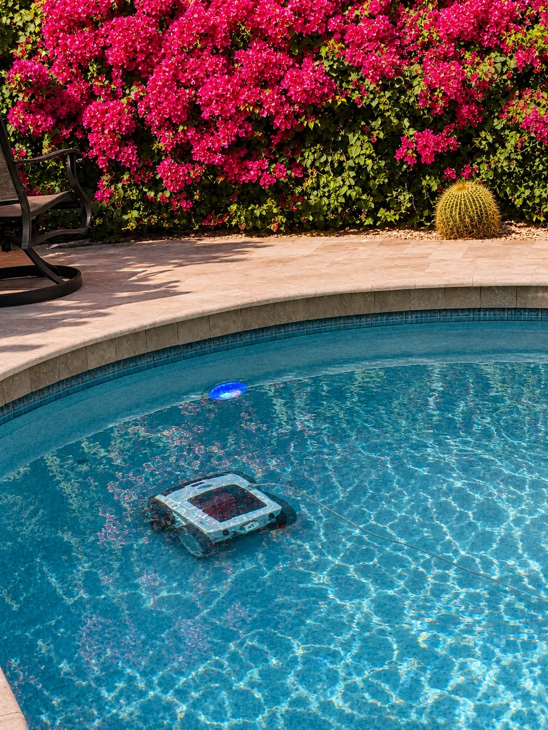 Polaris VRX iQ+ robotic pool cleaner below the waterline with bright pool water, desert planting, and blue pool light visible.