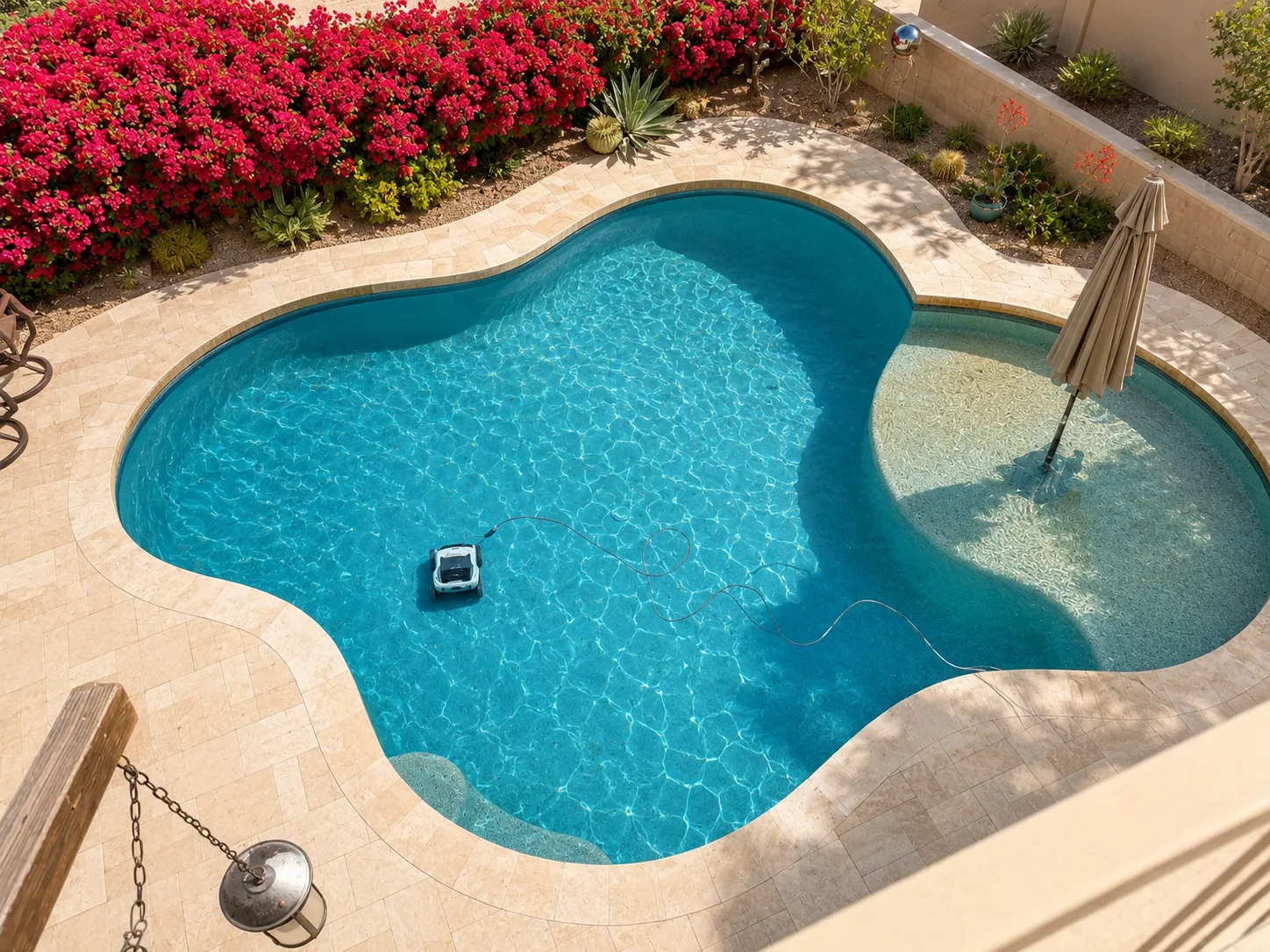 Polaris VRX iQ+ robotic pool cleaner working in a bright Scottsdale sports pool with a Baja shelf and power cable visible.
