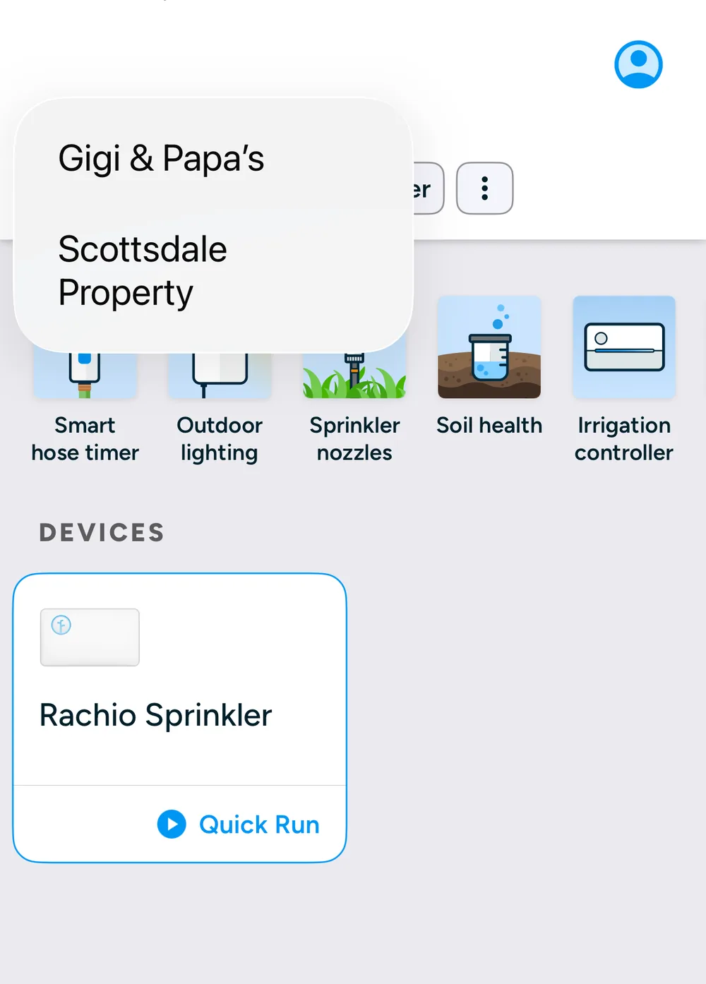 Rachio app screen showing two saved controller locations that can be toggled in one account.