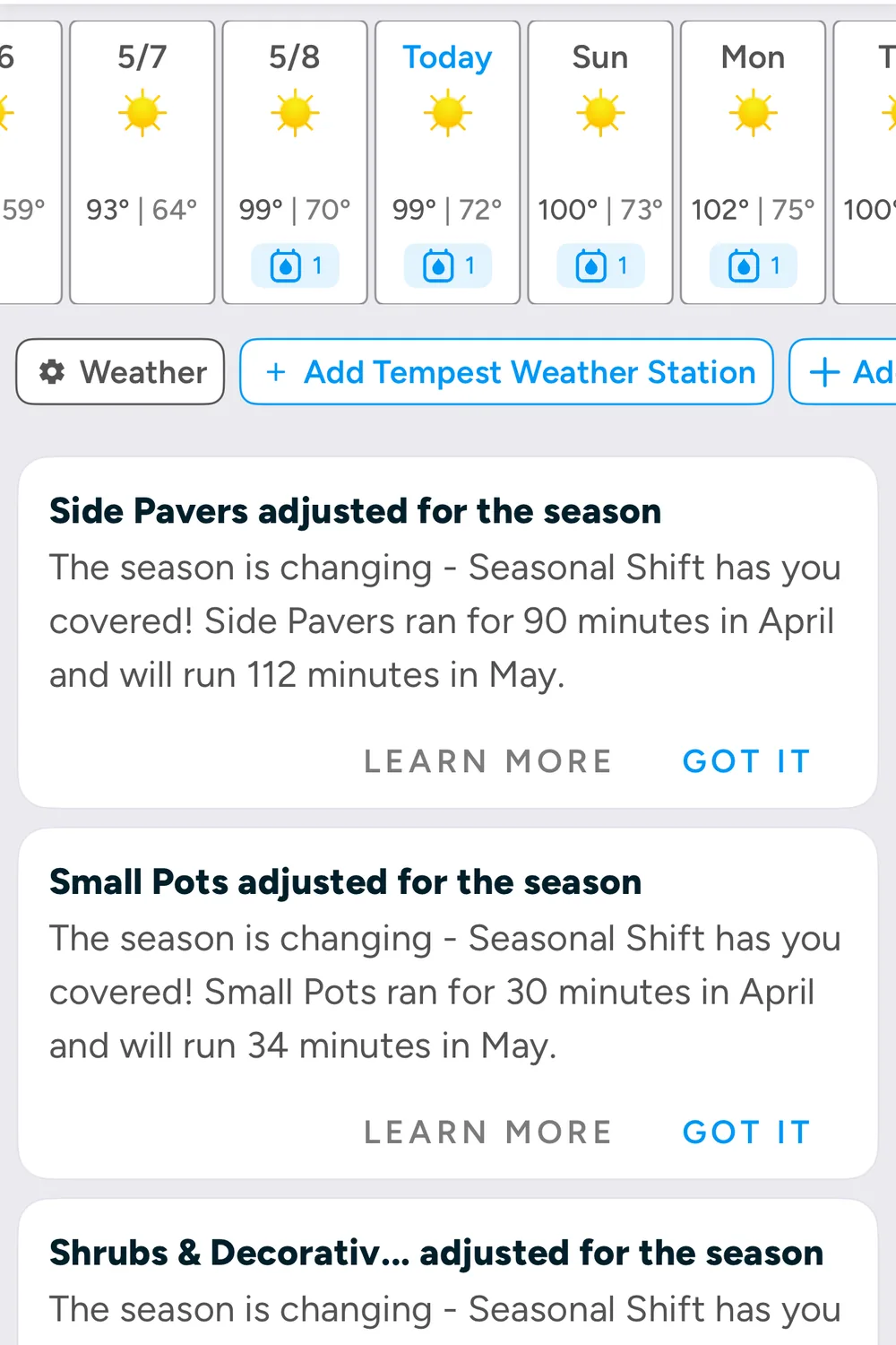 Rachio app seasonal shift screen showing different irrigation zones adjusted as the season changes.